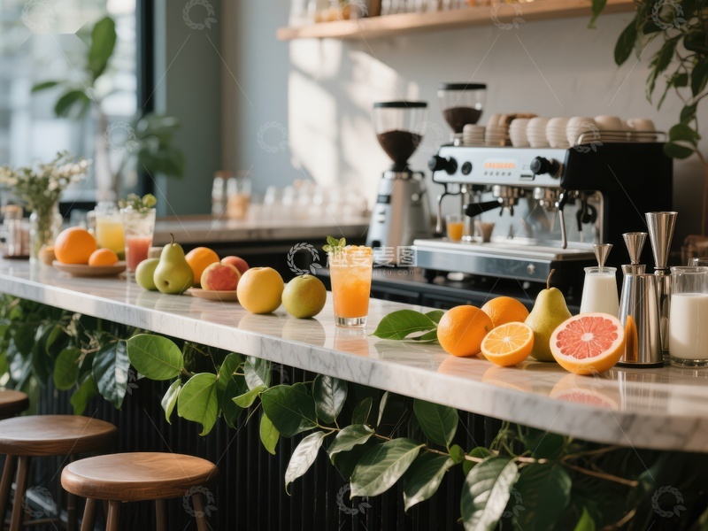 高清大图下载【趣麦麦图】咖啡吧台上的新鲜水果与饮品