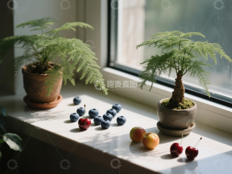 高清大图下载【趣麦麦图】窗台上的绿植与水果