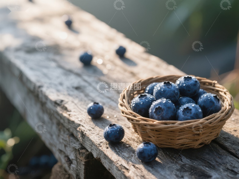 高清大图下载【趣麦麦图】蓝莓篮子置于木板之上