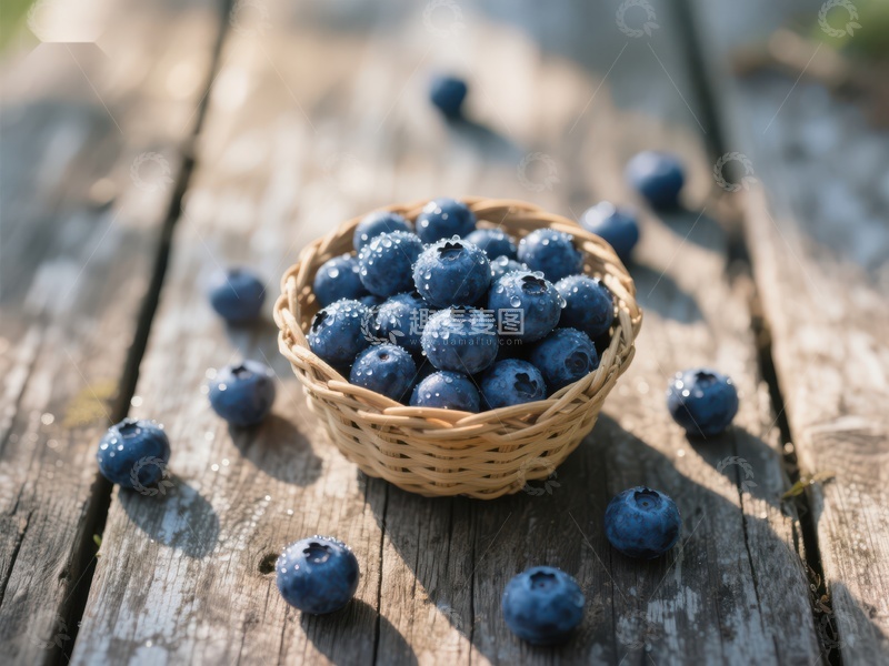 高清大图下载【趣麦麦图】篮子里的蓝莓散落在木桌上