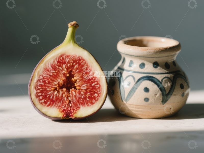 高清大图下载【趣麦麦图】切开的无花果与陶罐