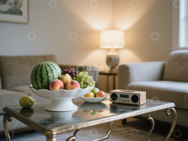 高清大图下载【趣麦麦图】客厅茶几上的水果与音响