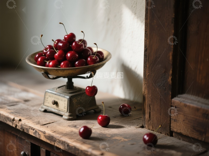 高清大图下载【趣麦麦图】樱桃置于复古秤盘之上