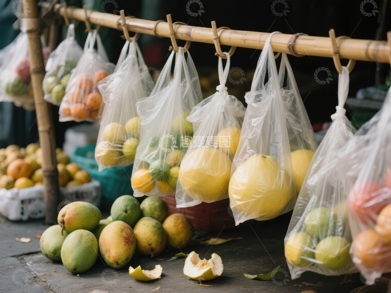 高清大图下载【趣麦麦图】市场摊位上挂着的袋装水果