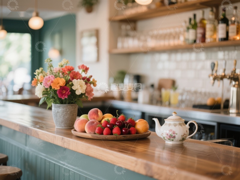 高清大图下载【趣麦麦图】温馨厨房吧台上的水果与花束