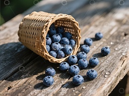 蓝莓散落木桌，竹篮倾倒