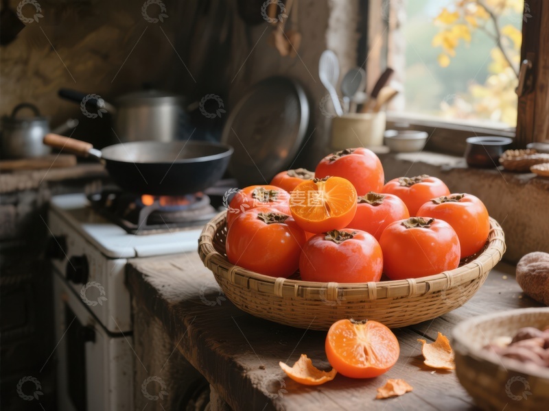 高清大图下载【趣麦麦图】厨房里的柿子与温暖炉火