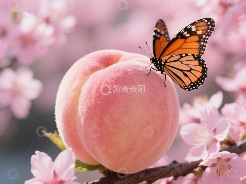 高清大图下载【趣麦麦图】蝴蝶停驻桃果之上，花海背景