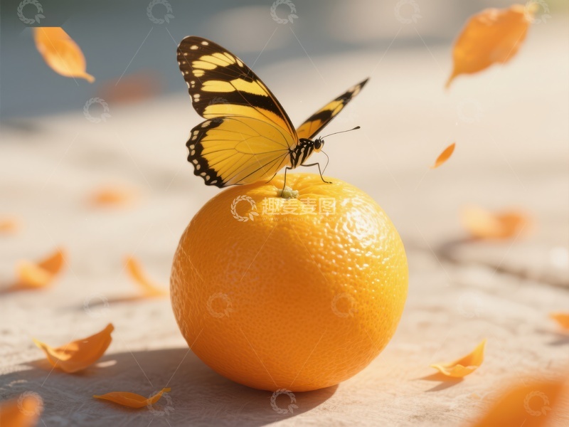 高清大图下载【趣麦麦图】蝴蝶停驻橙子之上，落叶环绕