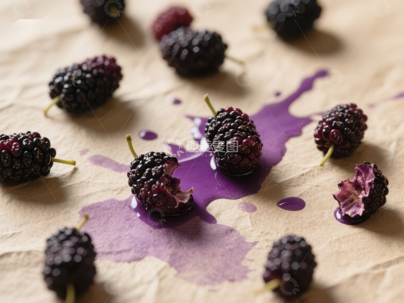 高清大图下载【趣麦麦图】新鲜桑葚散落纸面，紫色汁液流淌