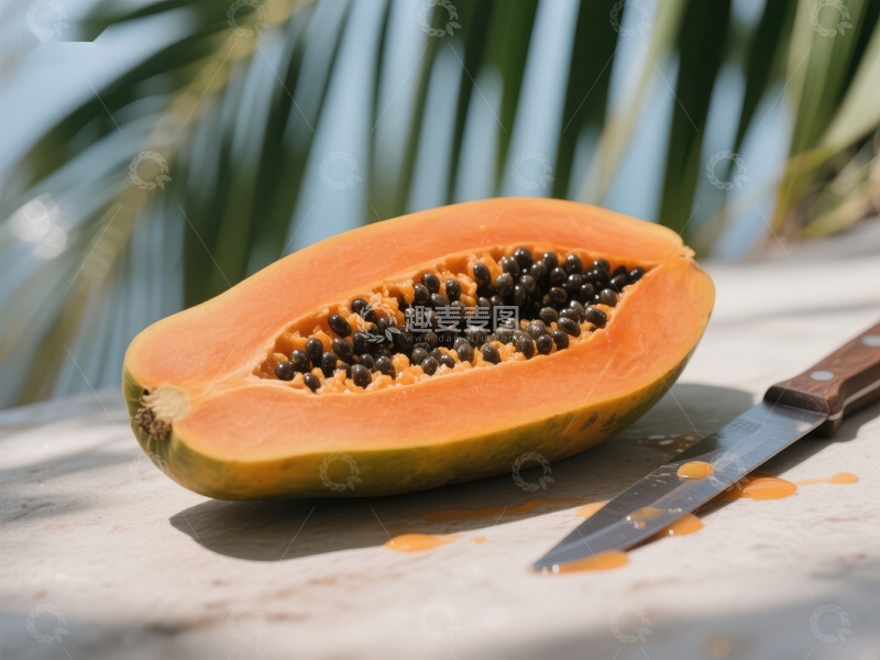 高清大图下载【趣麦麦图】切开的木瓜与刀具