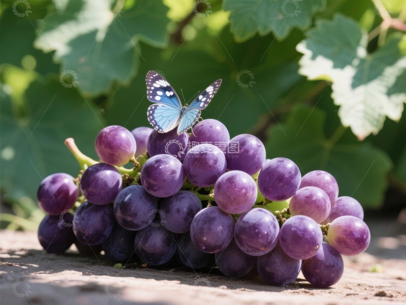 高清大图下载【趣麦麦图】蝴蝶停驻在紫葡萄上