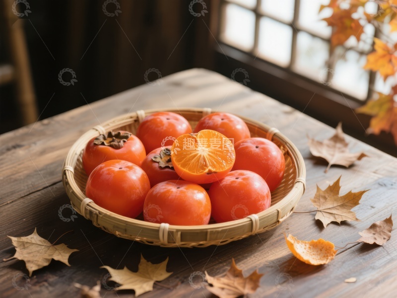 高清大图下载【趣麦麦图】竹篮中的柿子与秋叶