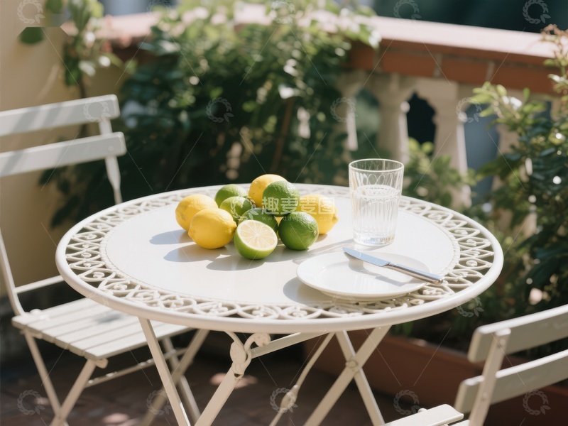 高清大图下载【趣麦麦图】阳台上的柠檬与水杯