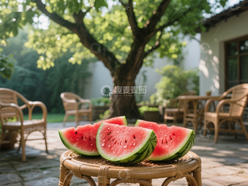 高清大图下载【趣麦麦图】庭院树荫下摆放的西瓜片