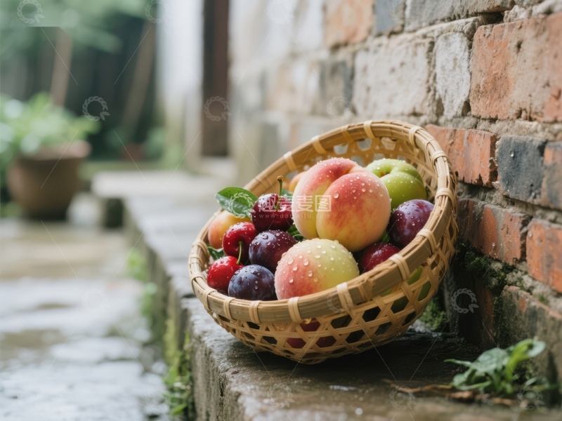 高清大图下载【趣麦麦图】竹篮盛满新鲜水果置于砖墙旁