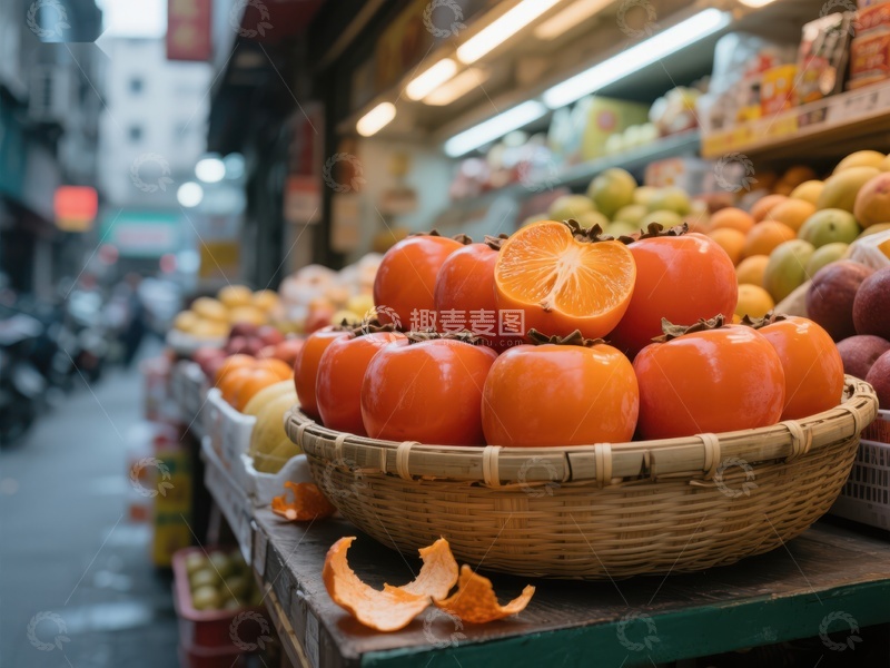 高清大图下载【趣麦麦图】市场摊位上的柿子