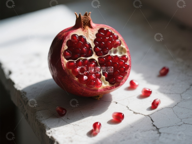 高清大图下载【趣麦麦图】切开的石榴，籽粒散落