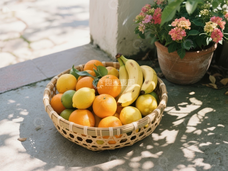 高清大图下载【趣麦麦图】竹篮盛满新鲜水果与花卉相伴
