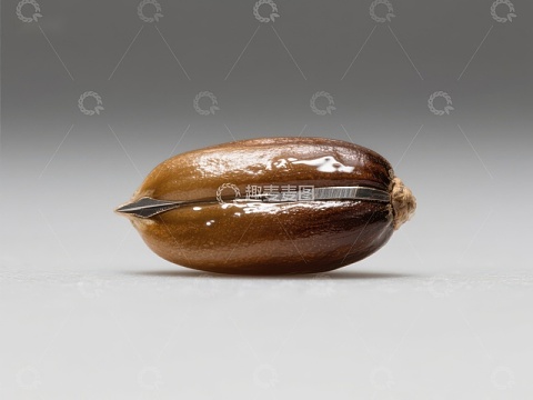 金属刀片嵌入坚果的特写