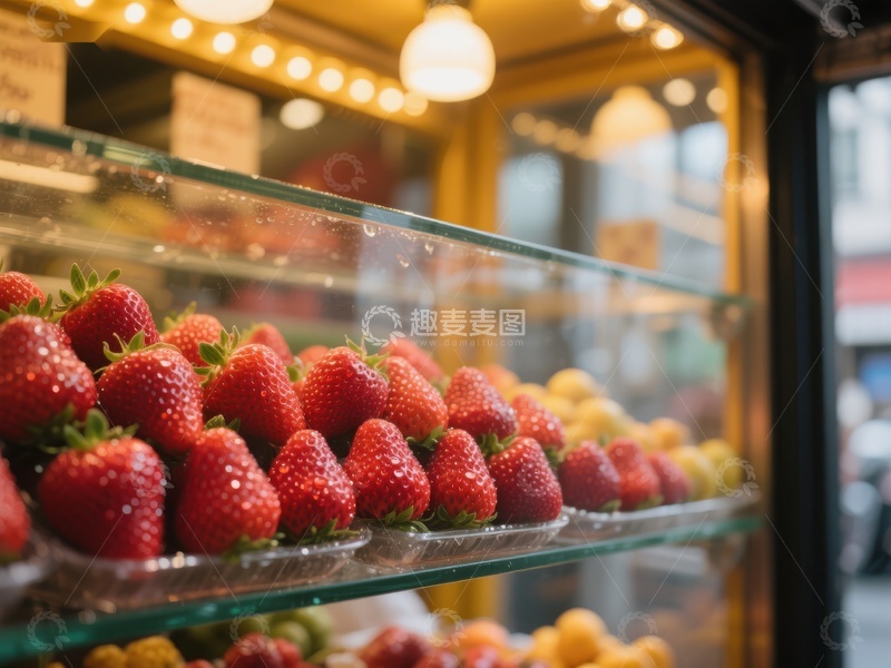 高清大图下载【趣麦麦图】新鲜草莓陈列在玻璃柜中