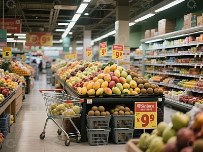 超市水果区陈列与购物车