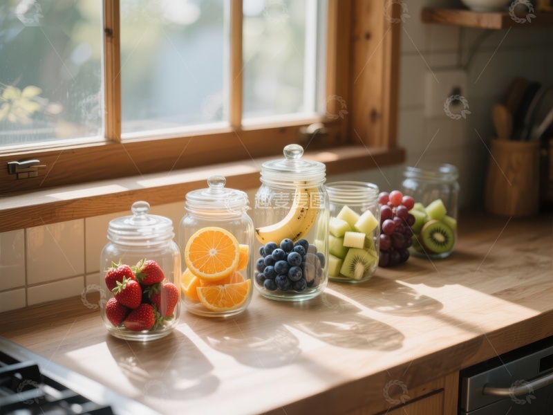 高清大图下载【趣麦麦图】厨房窗台上的新鲜水果罐