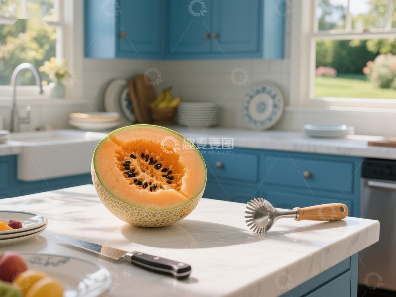 高清大图下载【趣麦麦图】厨房台面上的切开的哈密瓜