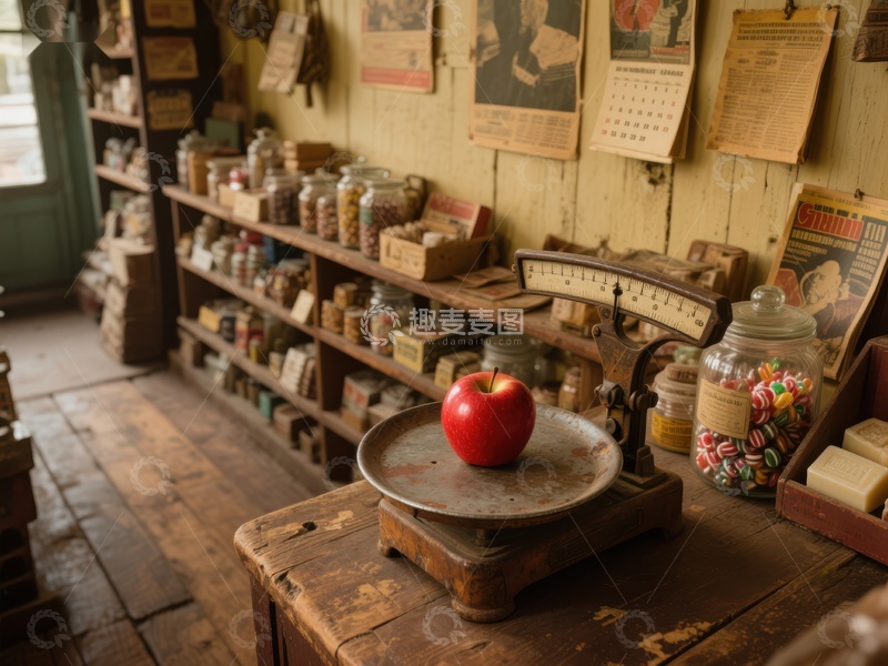 高清大图下载【趣麦麦图】复古杂货店内的苹果称重场景