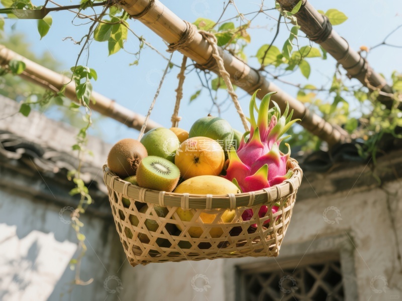 高清大图下载【趣麦麦图】竹篮悬挂热带水果