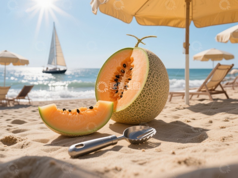 高清大图下载【趣麦麦图】海滩上的甜瓜与海景