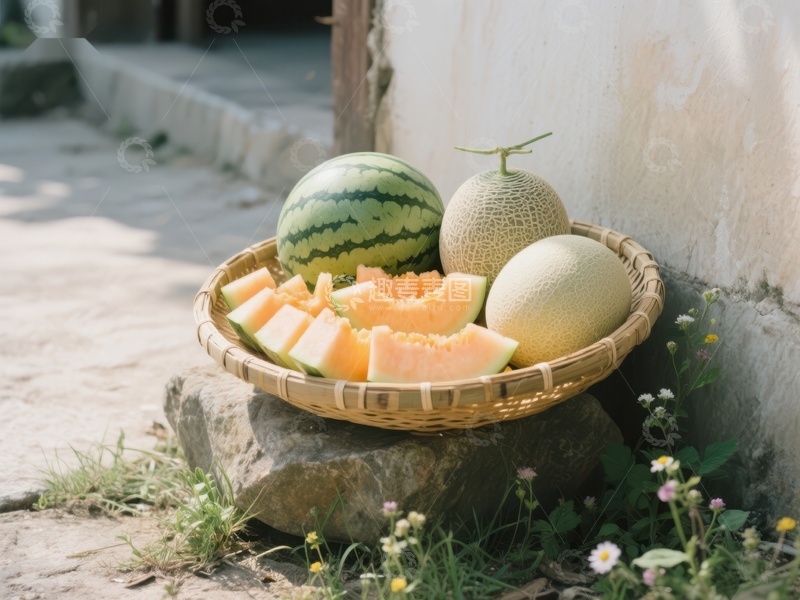 高清大图下载【趣麦麦图】竹篮中的西瓜与甜瓜