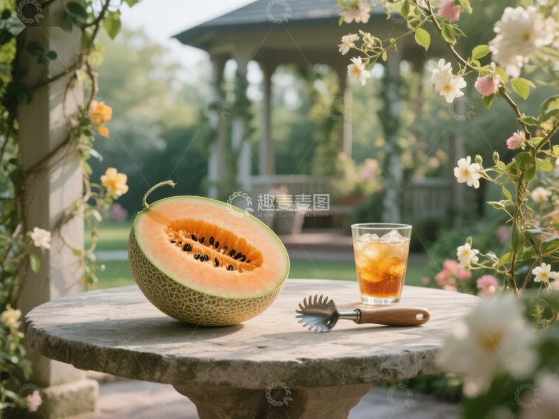高清大图下载【趣麦麦图】花园石桌上的甜瓜与冰茶