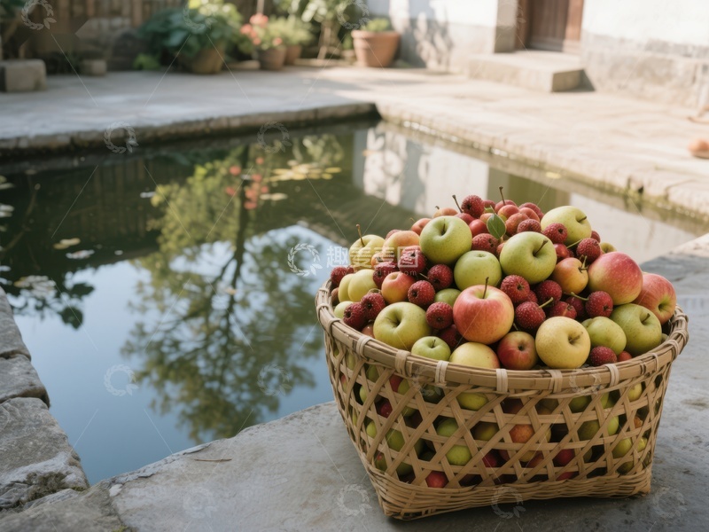 高清大图下载【趣麦麦图】竹篮满载苹果置于池塘边