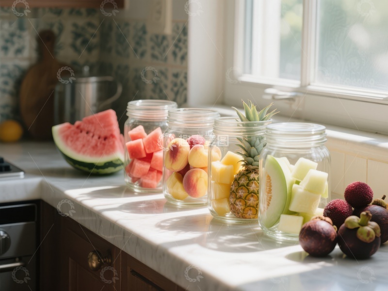 高清大图下载【趣麦麦图】厨房窗台上的新鲜水果罐装展示