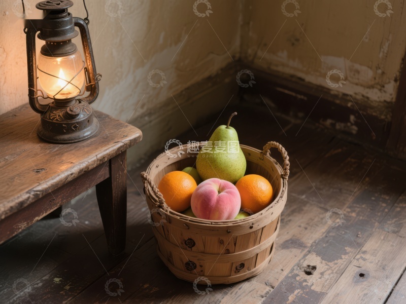 高清大图下载【趣麦麦图】复古灯旁的水果篮