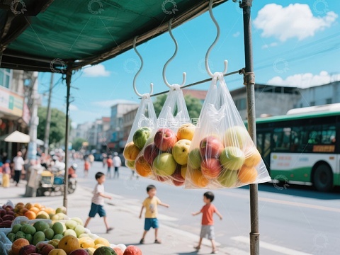 街头水果摊，苹果挂袋售卖