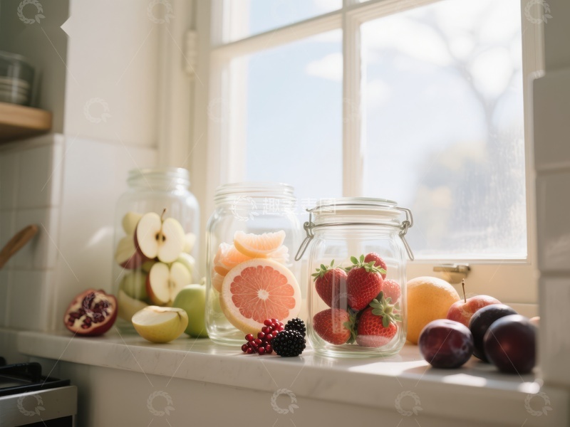 高清大图下载【趣麦麦图】窗台上的新鲜水果与玻璃罐