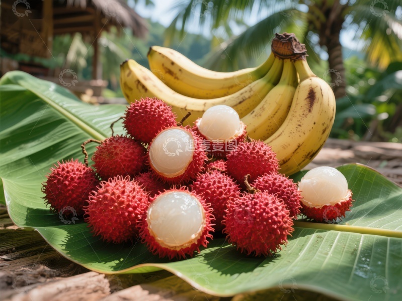 高清大图下载【趣麦麦图】新鲜荔枝与香蕉热带水果组合