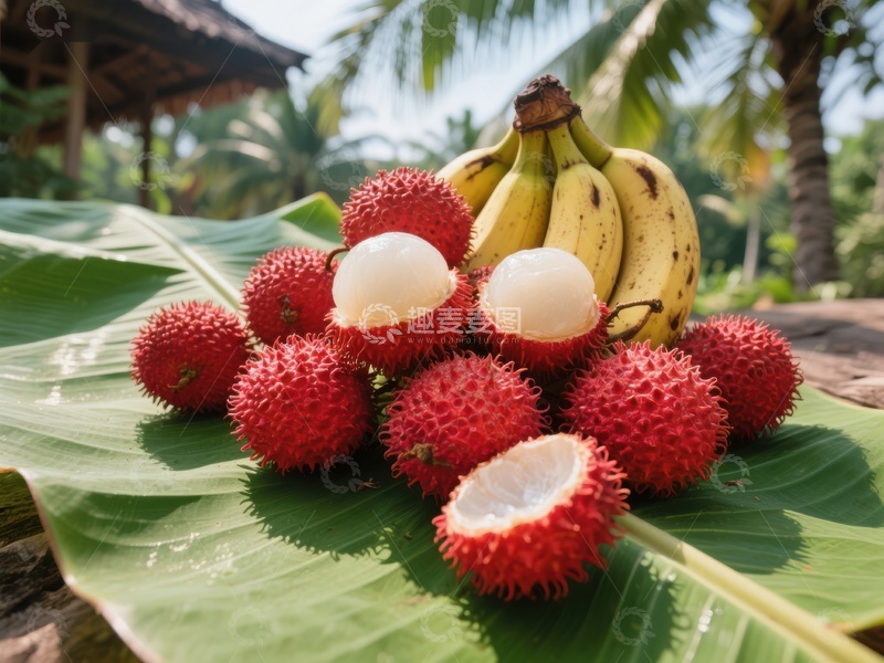 高清大图下载【趣麦麦图】新鲜荔枝与香蕉热带水果组合
