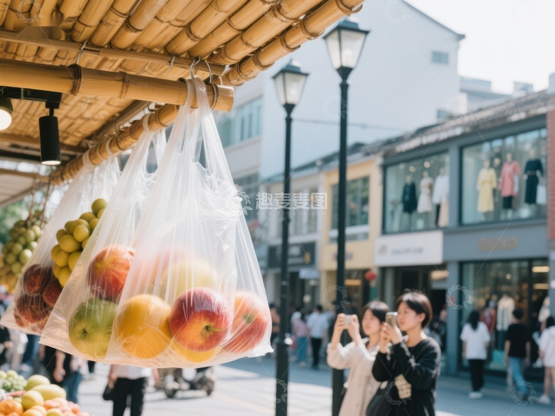 高清大图下载【趣麦麦图】街头水果摊前的行人与购物袋