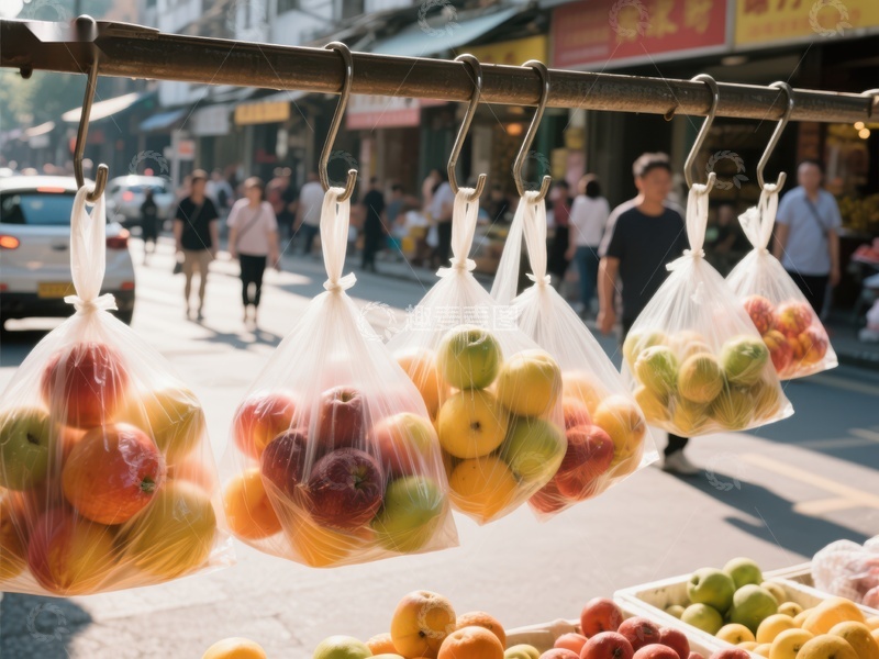 高清大图下载【趣麦麦图】街头水果摊，袋装苹果梨子挂售
