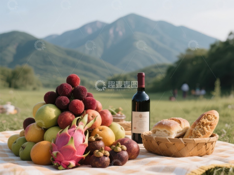 高清大图下载【趣麦麦图】山间野餐：水果面包与红酒