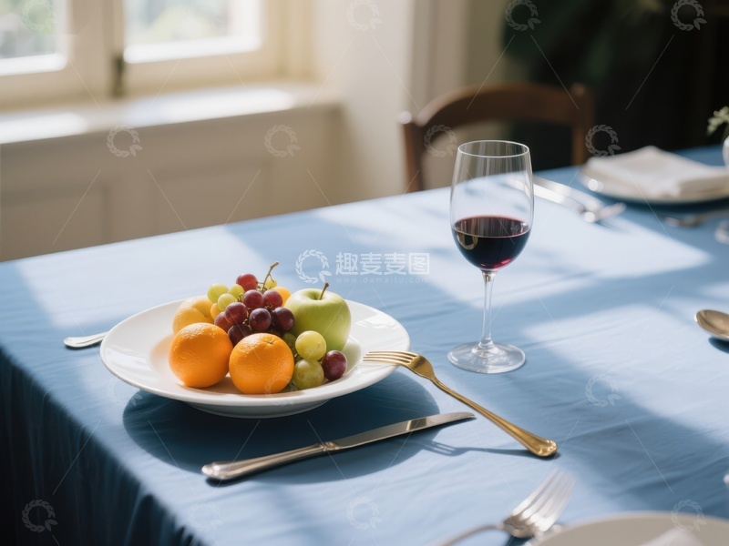 高清大图下载【趣麦麦图】餐桌上的水果盘与红酒