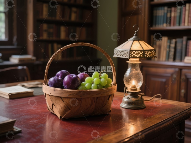 高清大图下载【趣麦麦图】书房桌上的果篮与油灯