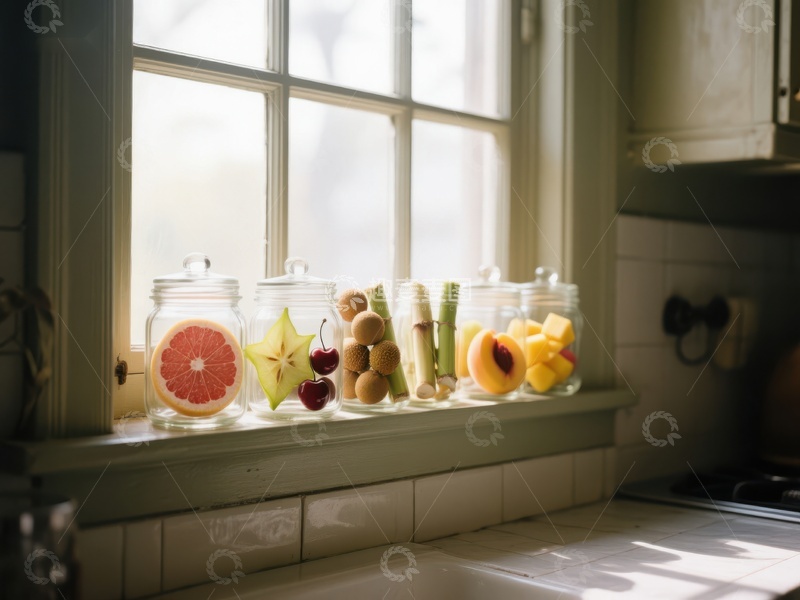 高清大图下载【趣麦麦图】窗台上的水果罐头