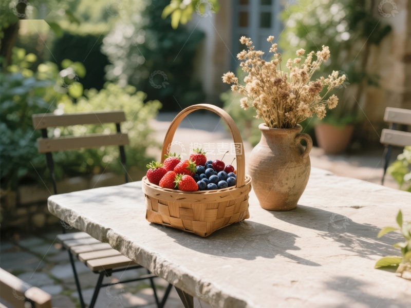 高清大图下载【趣麦麦图】花园桌上篮装草莓蓝莓与干花