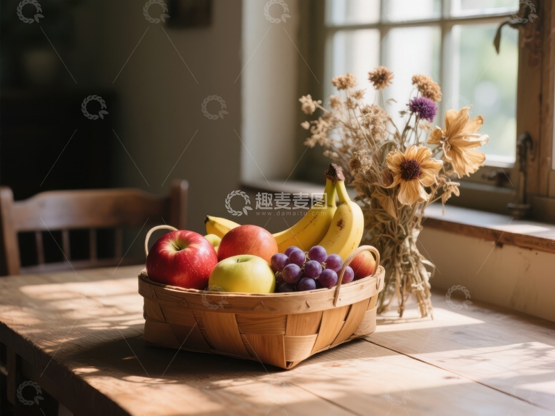 高清大图下载【趣麦麦图】窗边水果篮与干花装饰