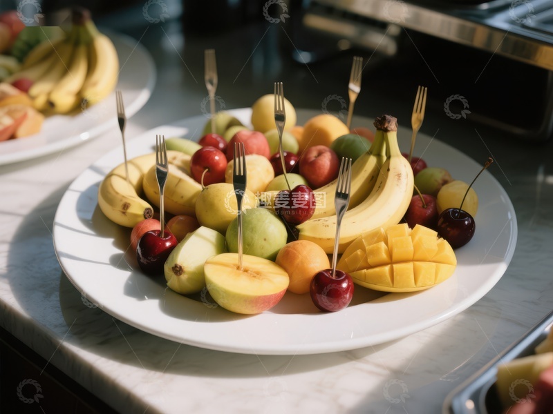 高清大图下载【趣麦麦图】水果拼盘，叉子插在新鲜水果上