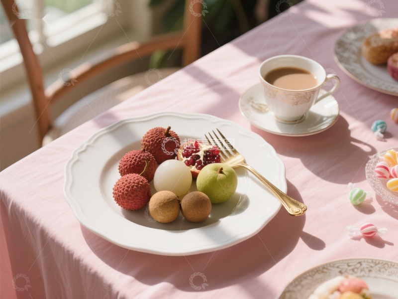 高清大图下载【趣麦麦图】粉色桌布上的水果与茶点
